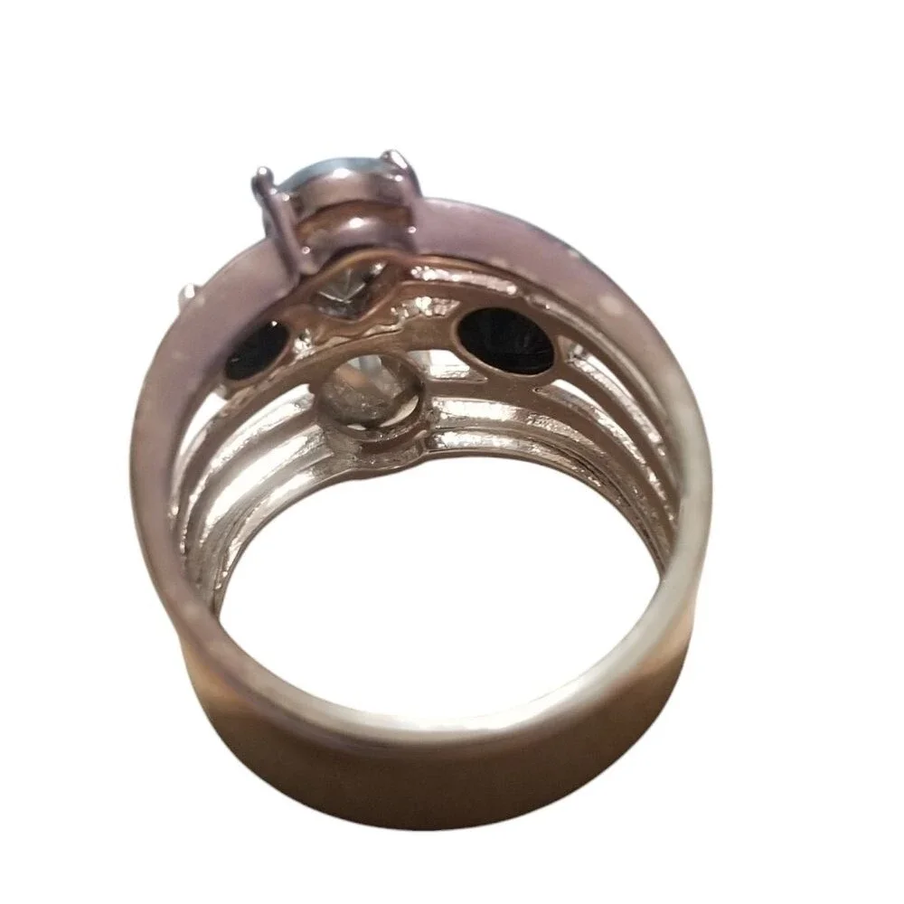 Silver Plated Grey, Onyx, and Clear Cubic Zirconia Ring Size 7